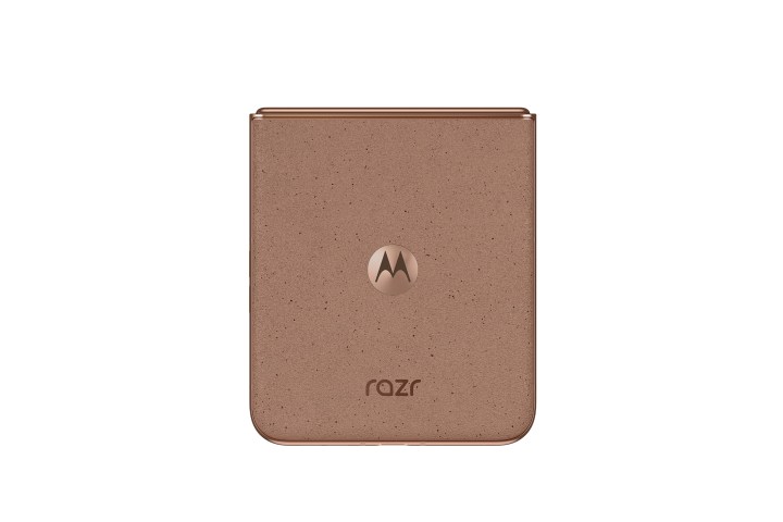 Motorola Razr Plus 2024 in Mocha Mousse, highlighting the phone's external display and the new color option.