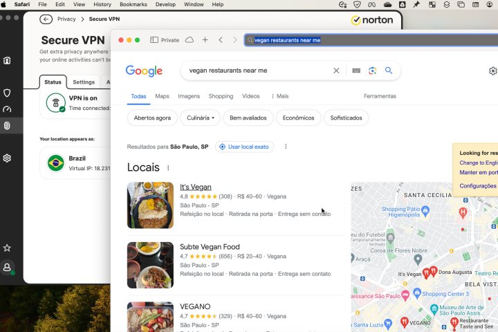 alt: Testing the Norton VPN with a Google search for vegan restaurants, demonstrating location masking capabilities.