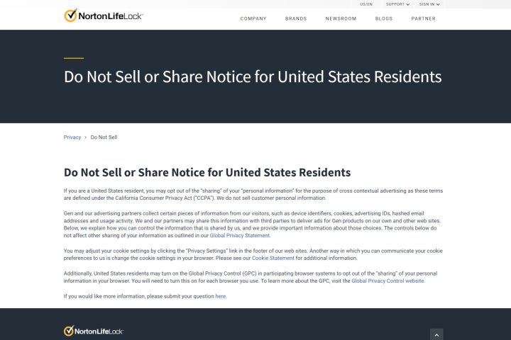 alt: Norton's privacy settings allow users to opt out of data sharing for targeted advertising.
