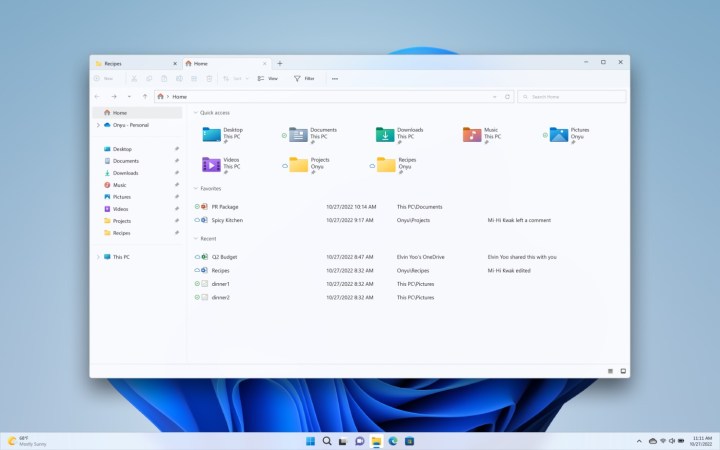 The redesigned File Explorer home page in Windows 11.