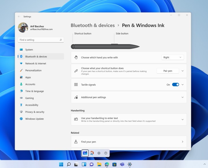 Pen & Ink settings in Windows 11.