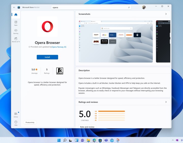 Opera Web Browser in the Windows 11 Store.