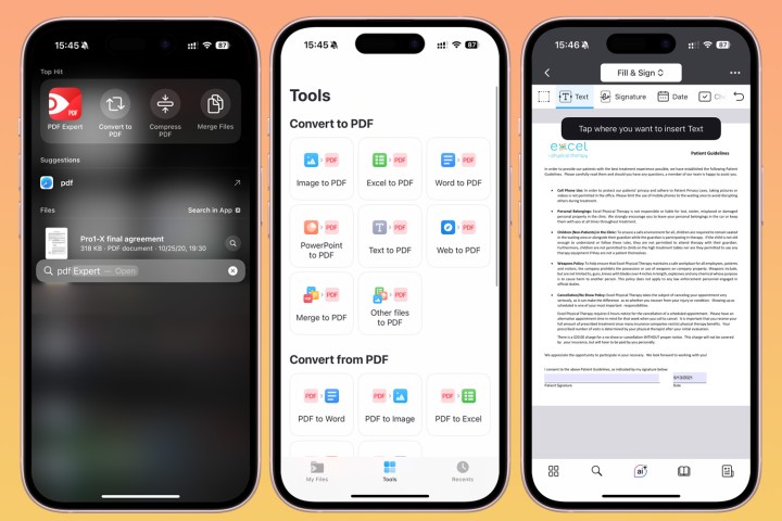 Three screenshots from the PDF Expert app on the iPhone