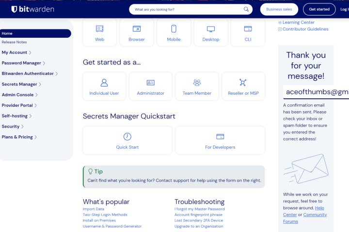 alt text: A screenshot of the Bitwarden support page.