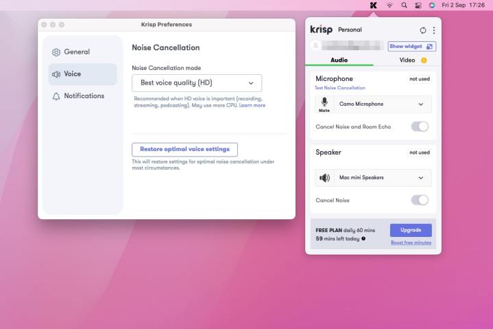 Krisp noise-canceling app running on a Mac.