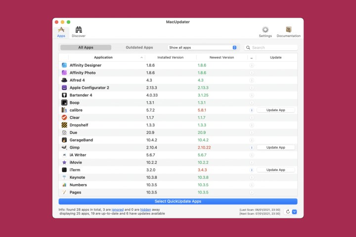 The MacUpdater Mac app showing its main screen, with apps ready to be updated.