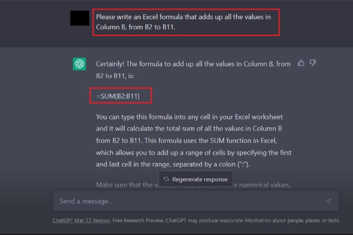 ChatGPT addition Excel formula request and response screenshot.