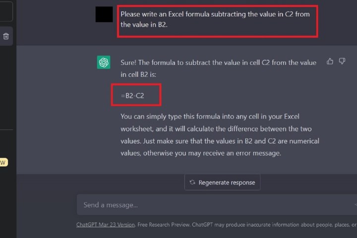 ChatGPT subtraction Excel formula request and response screenshot.