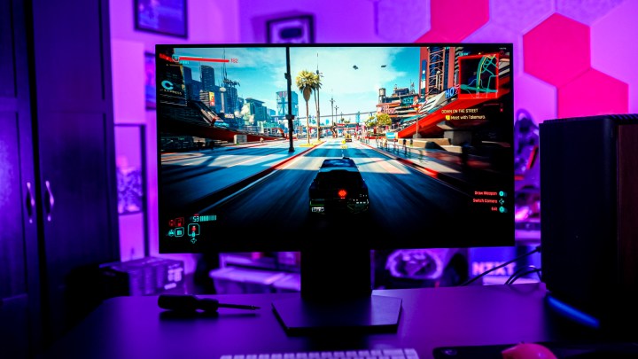 Cyberpunk 2077 running on the LG UltraGear Dual Mode OLED.