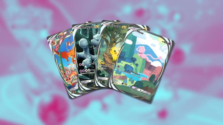 Charizard ex, Mewtwo ex, Pikachu ex, and Mew immersive cards in Pokémon TCG Pocket.