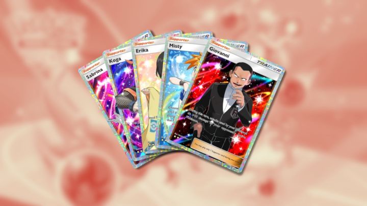 Sabrina, Koga, Erika, Misty, and Giovanni illustration cards in Pokémon TCG Pocket.