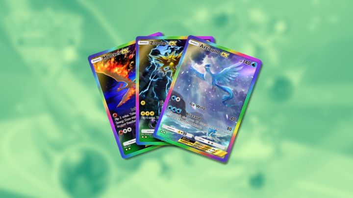 Moltres ex, Zapdos ex, and Articuno ex illustration cards in Pokémon TCG Pocket.