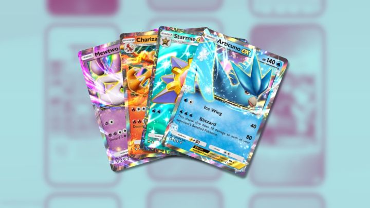 Mewtwo, Charizard, Starmie, and Articuno ex cards in Pokémon TCG Pocket.