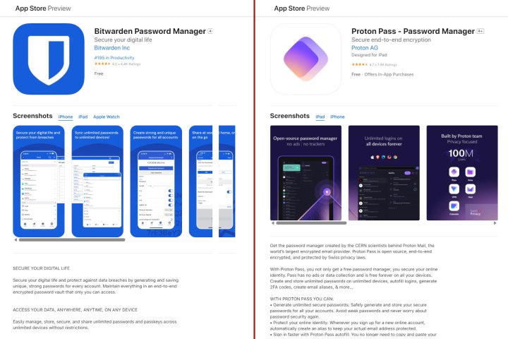 Bitwarden and Proton Pass apps maintain excellent App Store ratings.