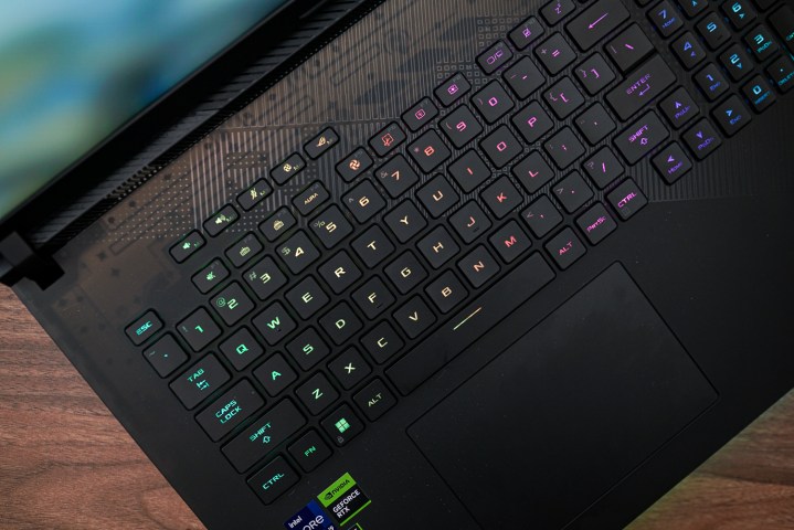 Keyboard on the Asus ROG Strix Scar 18 laptop.