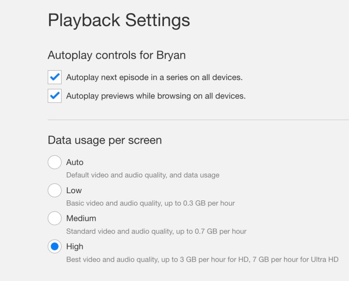 Netflix playback settings.