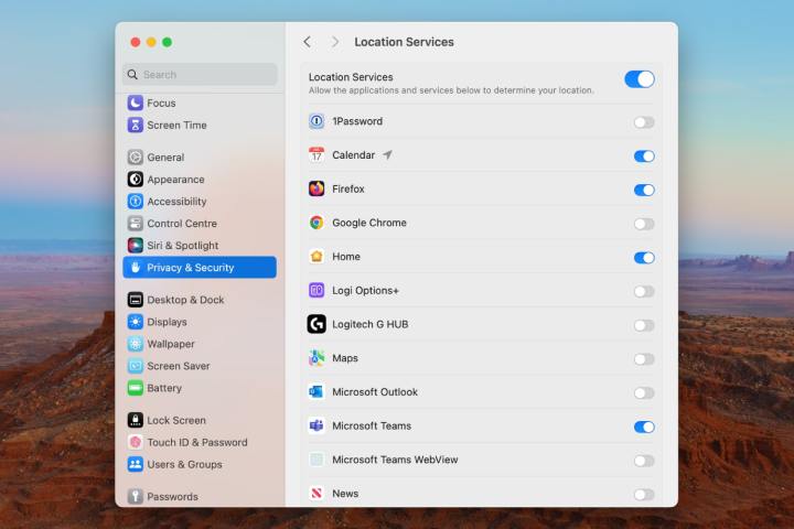 The System Settings app in macOS Sonoma, showing Location Services options.