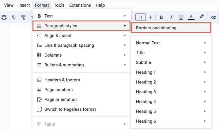 alt text: Borders and Shading option selected from the Paragraph styles menu in Google Docs