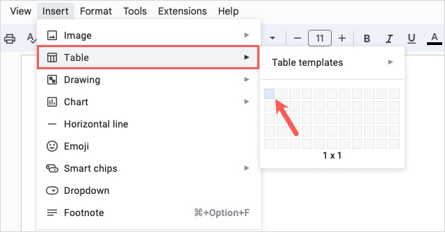 alt text: A single table cell selected from the Insert Table menu in Google Docs