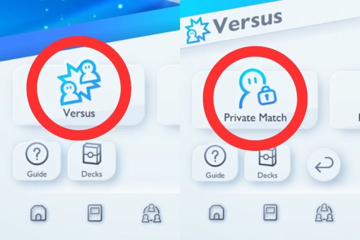 Pokemon TCGP Versus and Private Match buttons circled red.