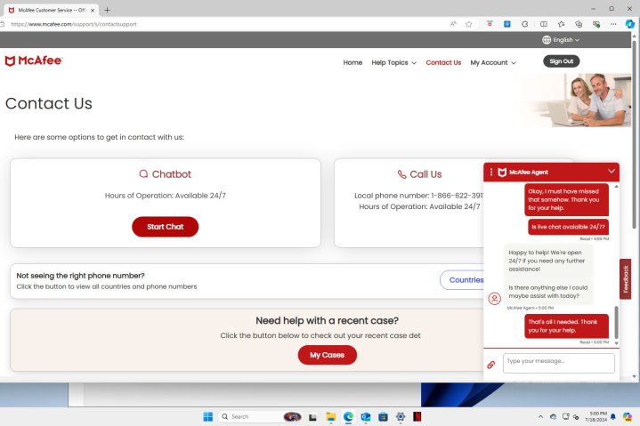 McAfee support is via phone or live chat and it