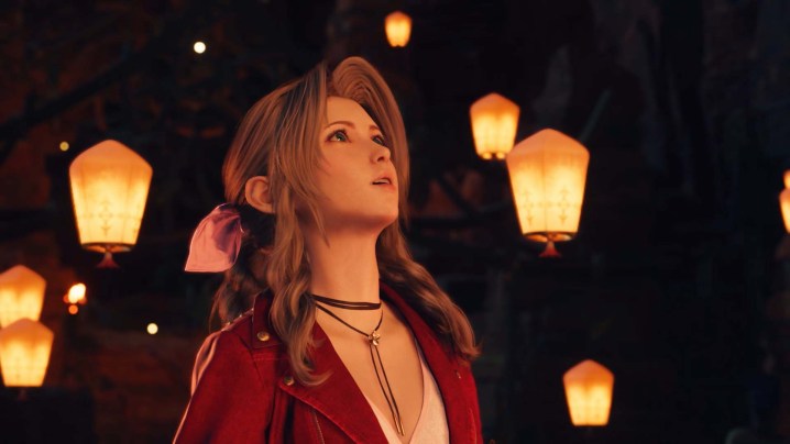 Aerith stares at floating lanterns in Final Fantasy VII Rebirth.