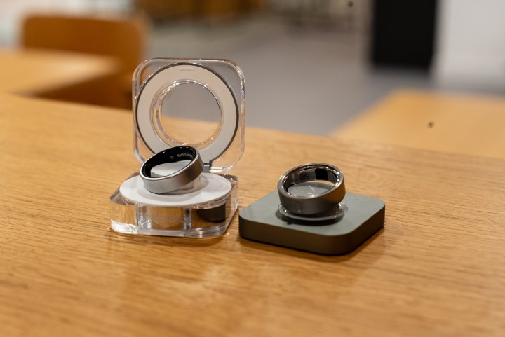 Galaxy Ring charger (left) next to the Oura Ring charger (right).