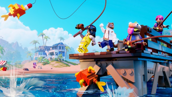 Characters fishing in LEGO Fortnite.