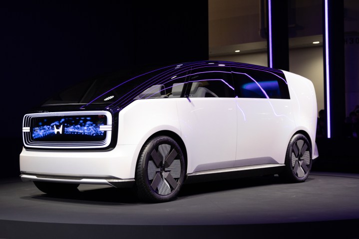 The Honda Space-Hub concept EV at CES 2024, showcasing its van-like design.