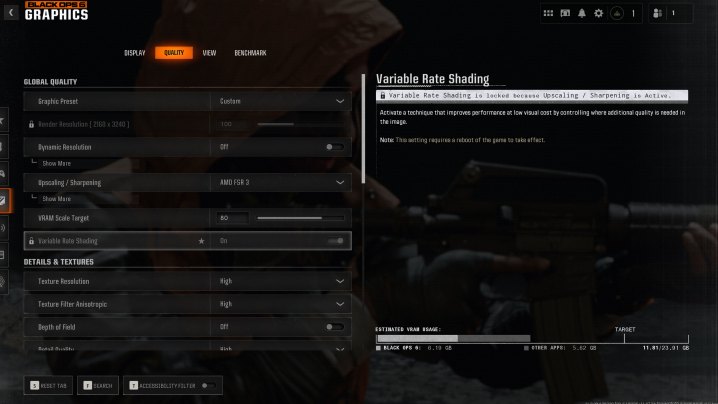 alt text: A screenshot displaying the in-game settings menu for Call of Duty: Black Ops 6.