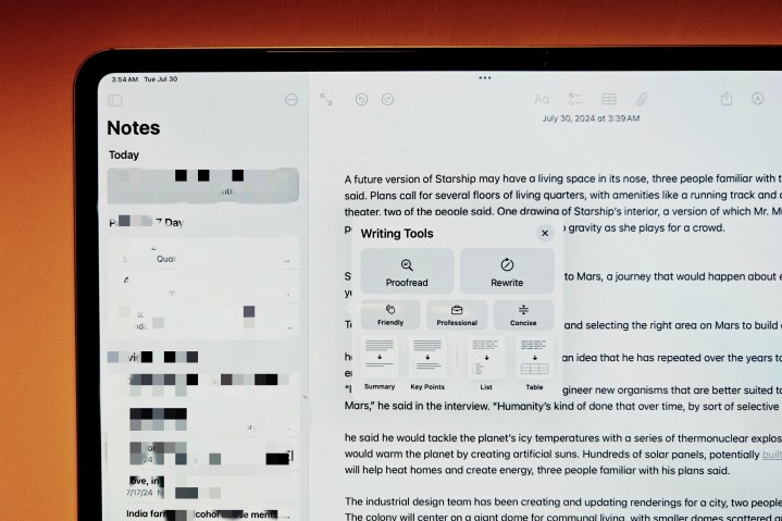 Writing tools in Apple Notes.