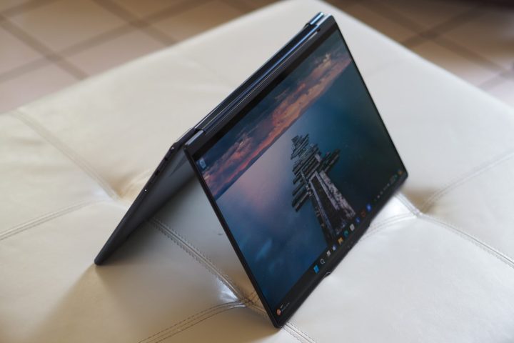 alt text: Lenovo Yoga 9i Gen 9 laptop in tent mode, showcasing the flexibility of the 2-in-1 design.