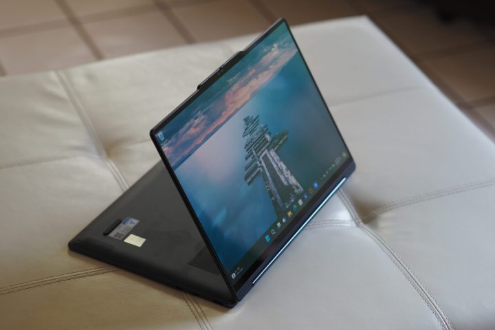 alt text: Lenovo Yoga 9i Gen 9 in media mode, showcasing its versatility for watching videos and presentations.