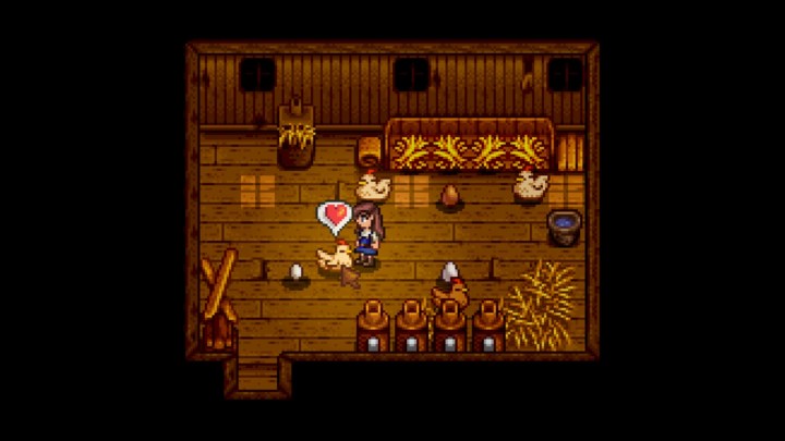 Inside a chicken coop in Stardew Valley.