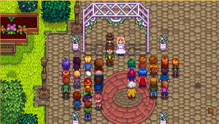 A wedding in Stardew Valley. The player characters is marrying Haley, who