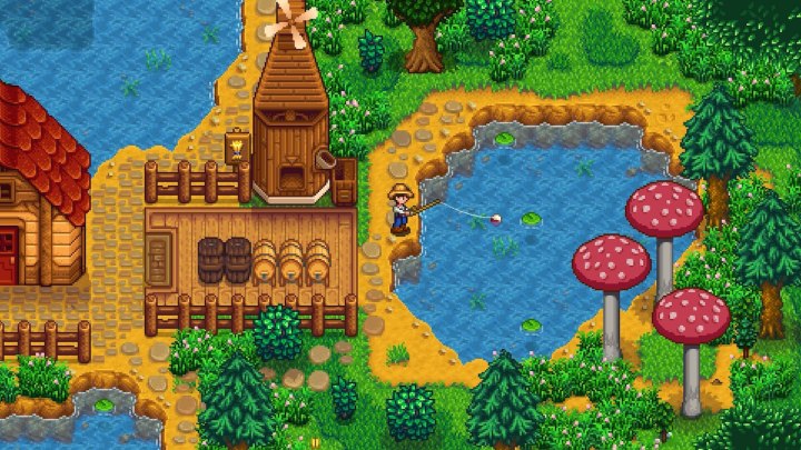 Stardew Valley farmer fishing.