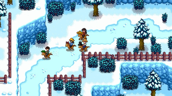 Four Stardew Valley players riding horses in Winter.