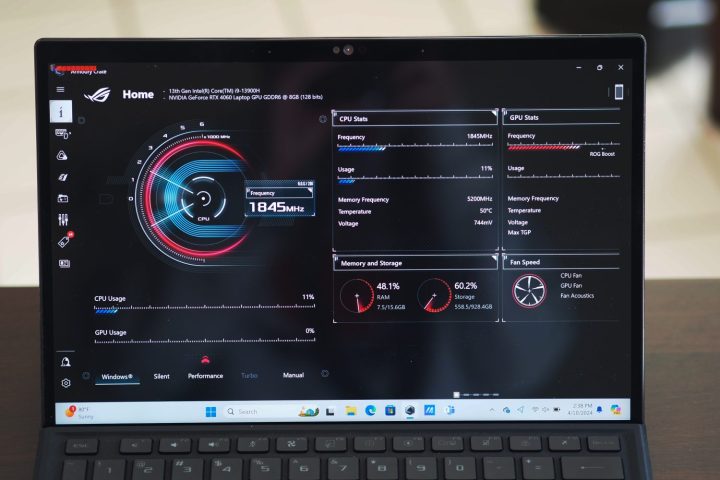 alt text: Asus ROG Flow Z13 displaying the Armoury Crate utility