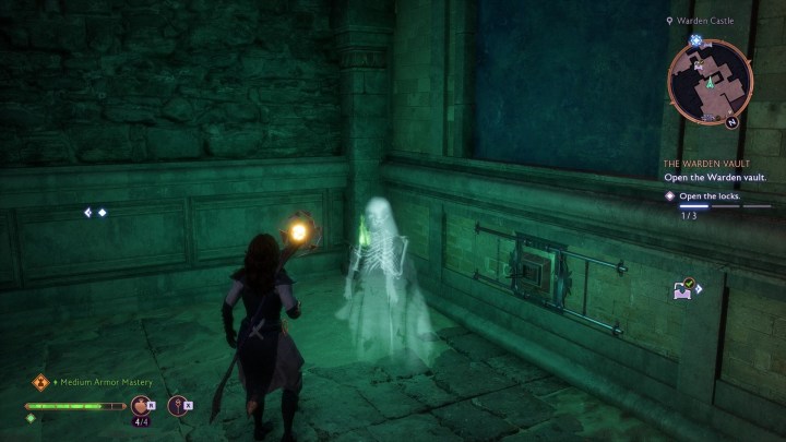 The final ghost interaction location near a statue in Dragon Age: The Veilguard.