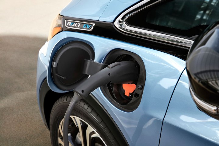 Blue Chevrolet Bolt being charged