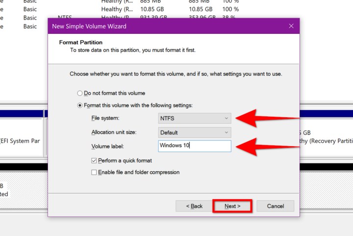 The New Simple Volume Select File System pop-out window in Windows Disk Management.