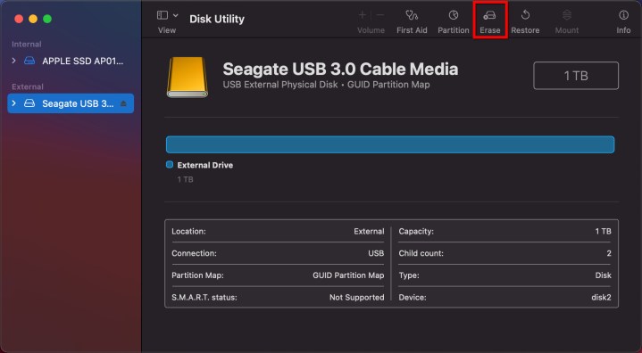 The Erase External Drive option in MacOS Big Sur.