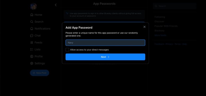 Generating a Bluesky app password.