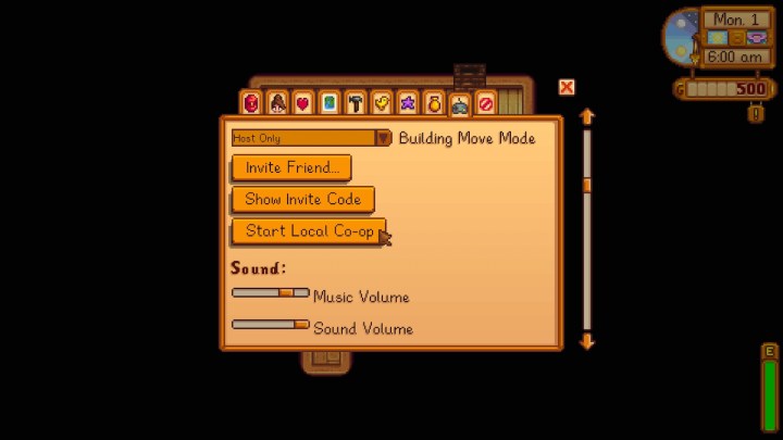 Stardew Valley Start Local Co-op option in menu.