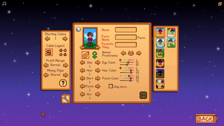 Stardew Valley co-op character creation menu.