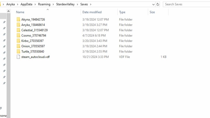 Stardew Valley save file location.