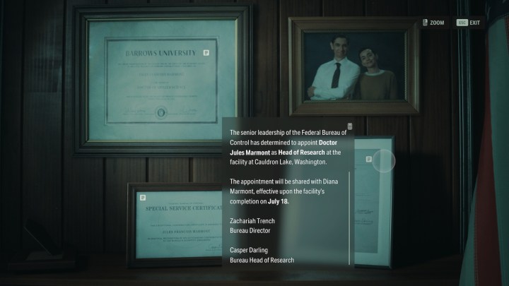 Inspecting a letter on a bookshelf in Alan Wake 2 The Lake House.