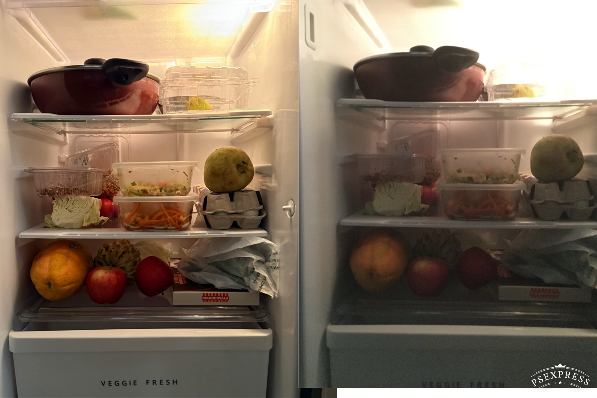 Comparison of pictures taken by iPhone 16 Pro and iPhone 6S depicting the insides of a fridge.