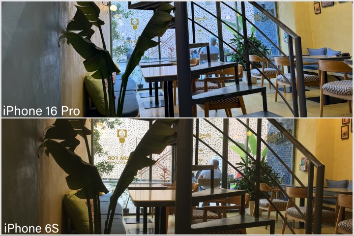 Comparison of pictures taken by iPhone 16 Pro and iPhone 6S showing the insides of a restaurant.