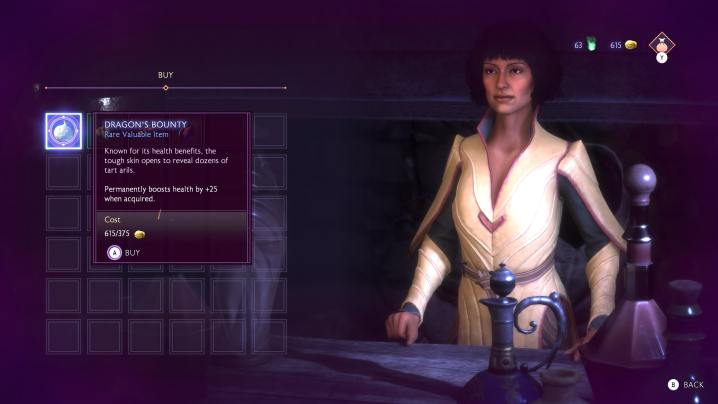 A shop menu in Dragon Age: The Veilguard, showing the Dragon's Bounty item available for purchase.